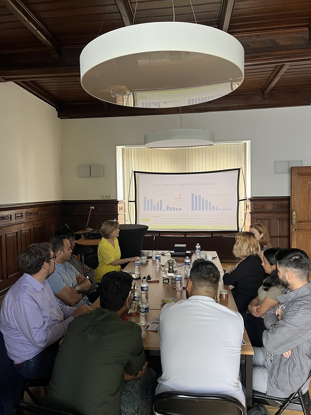 European Business Institute students engaged in class activities in a modern lecture hall